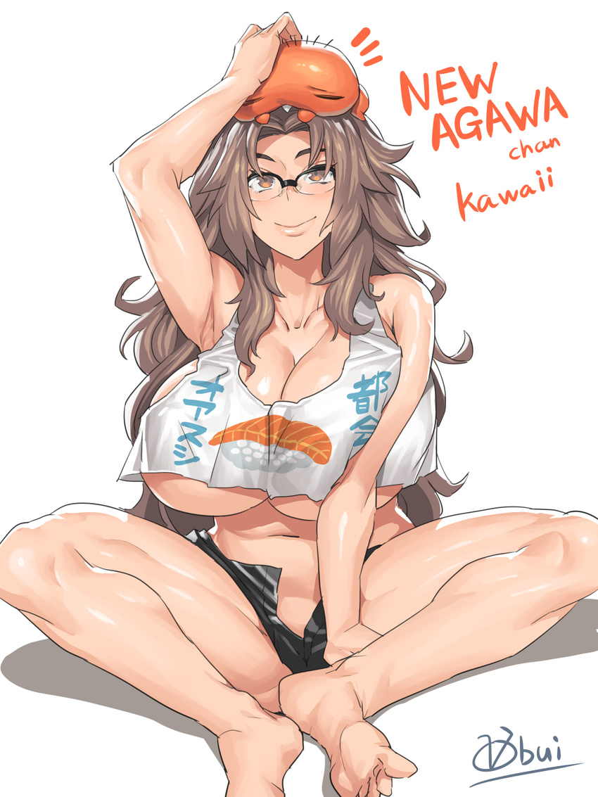 arm_up armpits artist_name barefoot black-framed_eyewear borrowed_character breasts brown_eyes brown_hair cleavage glasses highres huge_breasts long_hair looking_at_viewer navel obui ooo_ayumu original short_shorts shorts signature simple_background smile solo spread_legs tank_top thighs translation_request underboob unzipped very_long_hair white_background