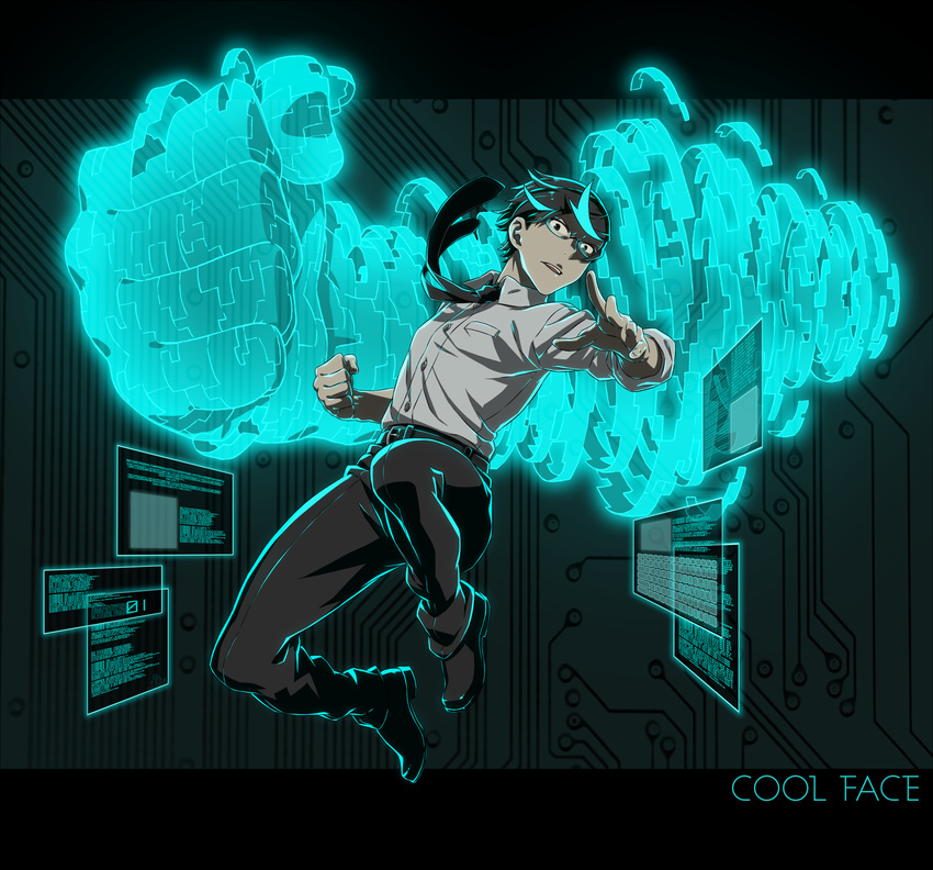 belt black_neckwear character_name clenched_hand cool_face_(kamezaemon) dress_shirt glasses glowing highres imminent_punch kamezaemon letterboxed looking_at_viewer necktie original screen shirt shirt_tucked_in