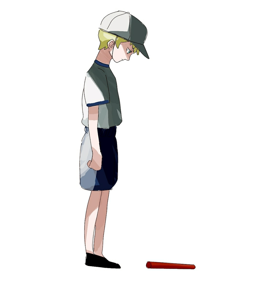 1boy asuka_ryou baton blonde_hair blue_eyes child devilman devilman_crybaby hat shirt shoes short_hair shorts simple_background solo white_background white_shirt younger