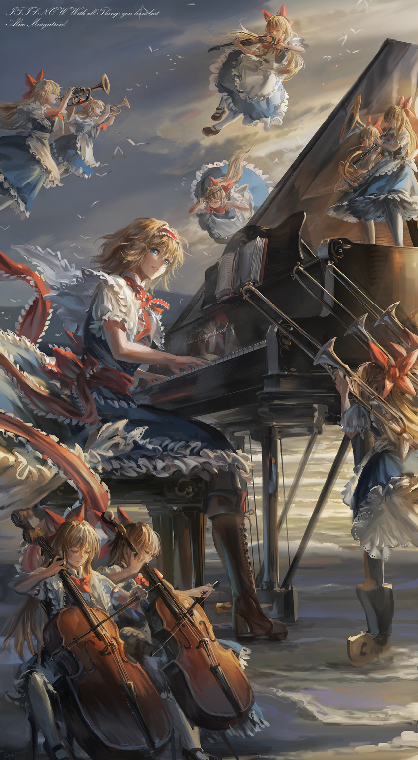 absurdres alice_margatroid apron bangs baton_(instrument) beach bird blonde_hair blue_eyes blue_skirt book boots bow brown_footwear capelet cello clarinet closed_eyes cloud flying frilled_skirt frills grand_piano hair_bow hairband highres instrument long_hair looking_at_viewer miniskirt music outdoors piano playing_instrument playing_piano red_bow red_hairband red_ribbon ribbon shanghai_doll sitting skirt smile solo stu_dts touhou trombone trumpet tuba violin water wind