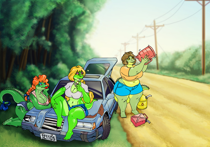 2017 alcohol anthro belly beverage big_belly big_breasts big_butt blonde_hair breasts brown_hair butt car cleavage clothed clothing crocodile crocodilian female gasoline hair lily_sue_(spiketheklown) makeup maryanne_(vdisco) navel overweight overweight_female red_hair reptile roadside scalie skimpy smoking stranded tamsey_(vdisco) thick_thighs tree vdisco vehicle voluptuous wide_hips