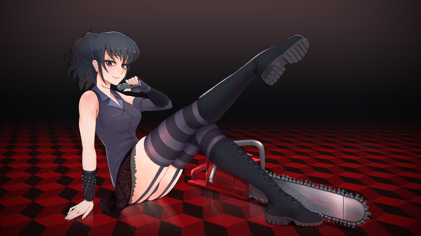 arm_support bags_under_eyes black_background black_footwear black_gloves black_hair black_lagoon blush boots breasts chainsaw closed_mouth cross-laced_footwear earrings elbow_gloves electrolarynx fingerless_gloves floral_print from_side full_body garter_straps gloves highres holding jewelry knee_boots kuso_otoko leg_lift looking_at_viewer medium_breasts purple_eyes sawyer_the_cleaner scar shirt short_hair single_elbow_glove sitting skirt sleeveless sleeveless_shirt smile solo striped striped_legwear thighhighs