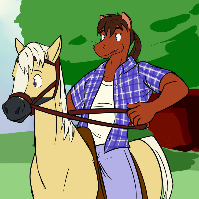 anthro blake_jackson blue_eyes blue_pants blue_sky clothed clothing duo equine feral fully_clothed fuze grass horse horseback_riding mammal outside ponytail saddle sky tree white_shirt