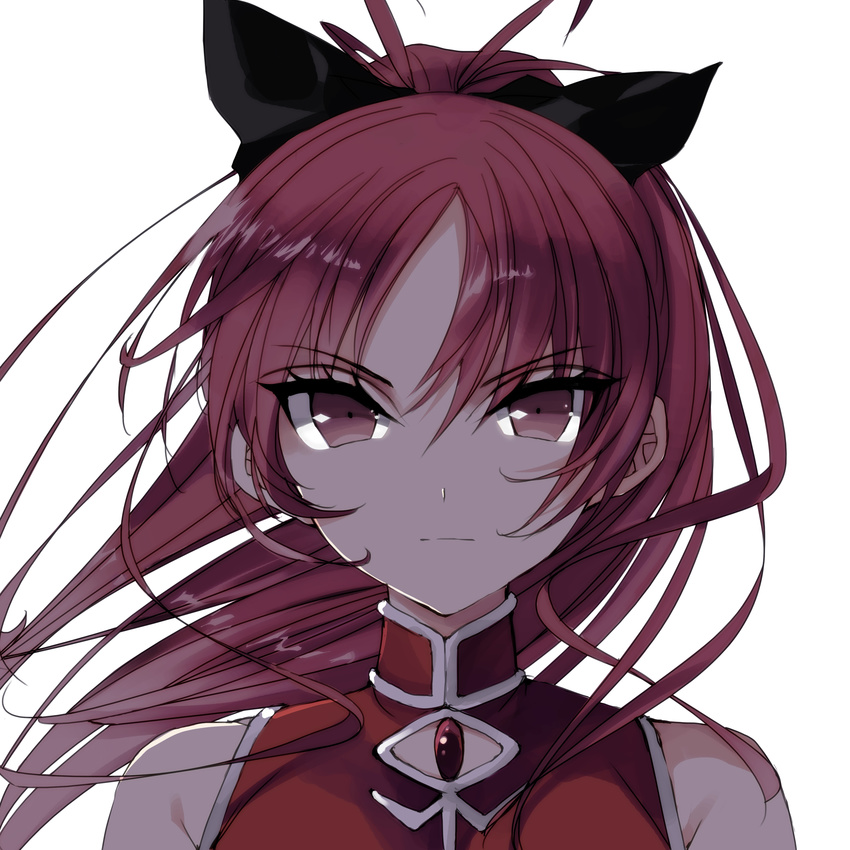 absurdres bad_id bad_pixiv_id bangs bare_shoulders black_bow bow closed_mouth commentary drill_hair eyebrows_visible_through_hair gem hair_between_eyes hair_bow highres long_hair looking_at_viewer magical_girl mahou_shoujo_madoka_magica misteor multicolored_shirt red_eyes red_hair sakura_kyouko solo soul_gem v-shaped_eyebrows white_background