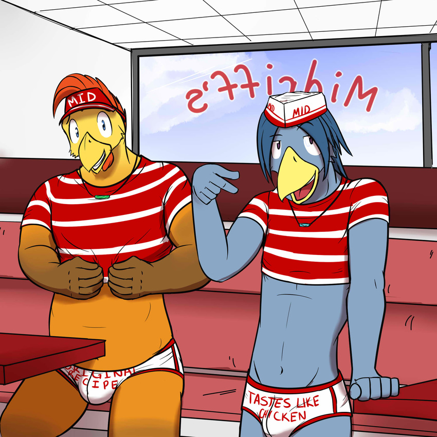 avian bird bluebird briefs bulge chicken clothing duo english_text fast_food fuze hat inside jewelry johnnie_(fuze) josh_oliver male necklace restaurant striped_shirt text underwear white_hat white_underwear