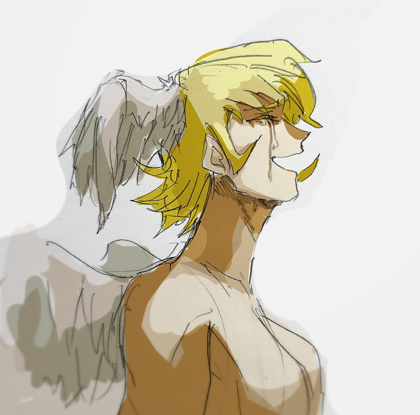 1boy angel_wings asuka_ryou blonde_hair crying devilman eyes_closed feathered_wings feathers head_wings nude open_mouth satan_(devilman) sideburns simple_background solo tears white_background wings