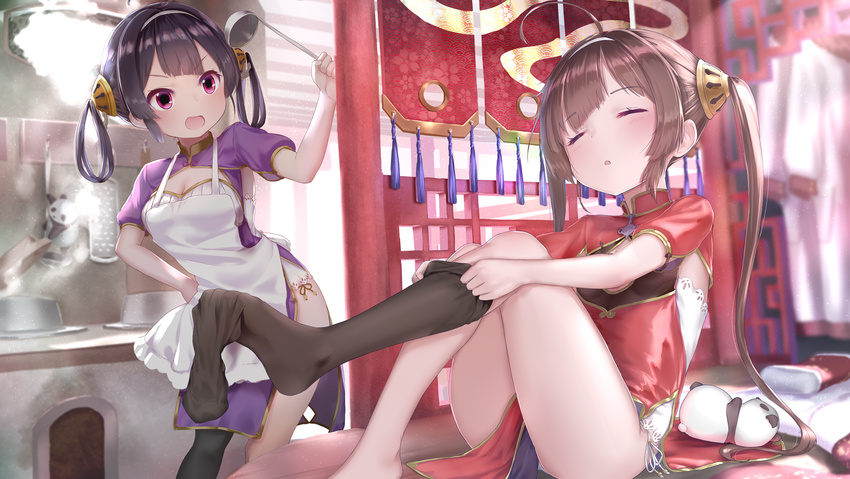 :d :o adjusting_clothes adjusting_legwear ahoge apron ass azur_lane bangs barefoot black_hair black_legwear blurry blush breasts brown_hair china_dress chinese_clothes cleavage cleavage_cutout closed_eyes commentary_request contrapposto depth_of_field dress eyebrows_visible_through_hair feet_out_of_frame hair_ornament hair_rings hairband highres holding indoors kachayori kitchen knees_up ladle long_hair looking_at_viewer medium_breasts multiple_girls ning_hai_(azur_lane) open_mouth panties panty_peek parted_lips pillow ping_hai_(azur_lane) pot purple_eyes single_thighhigh sitting sleepy smile standing steam stuffed_animal stuffed_panda stuffed_toy thighhighs twintails underwear v-shaped_eyebrows white_panties
