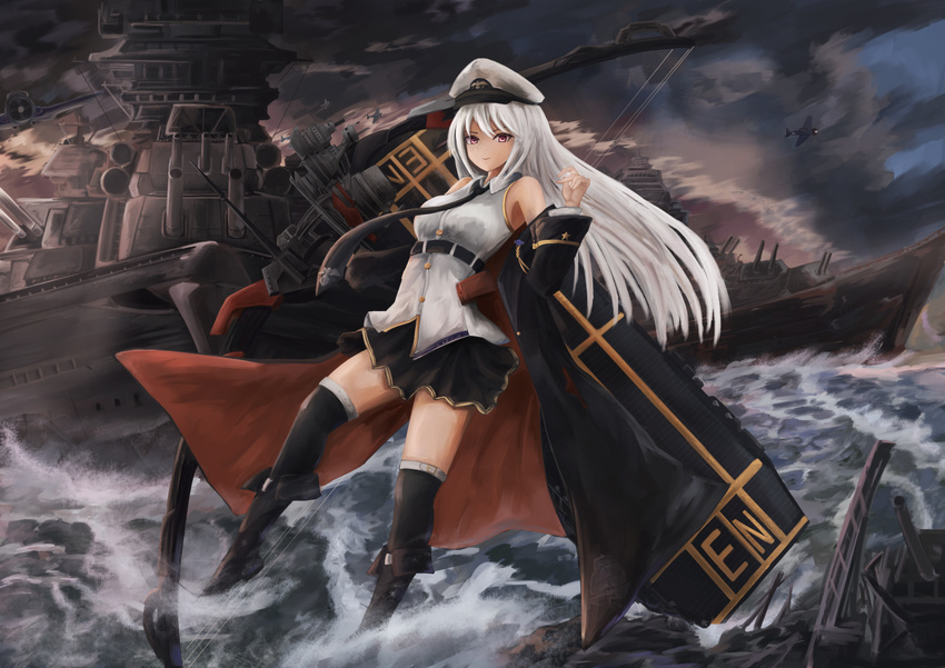 aiguillette aircraft airplane azur_lane bangs bare_shoulders battleship belt bird black_belt black_footwear black_legwear black_neckwear black_skirt boots bow_(weapon) breasts buckle buttons cannon commentary_request enterprise_(azur_lane) eyebrows_visible_through_hair hair_between_eyes hat holding holding_bow_(weapon) holding_weapon large_breasts long_hair looking_at_viewer machinery military military_vehicle miniskirt necktie off_shoulder peaked_cap pleated_skirt purple_eyes rigging ryara_vivi ship shirt silver_hair skirt sleeveless sleeveless_shirt smile solo standing standing_on_liquid thighhighs thighs turret very_long_hair warship water watercraft waves weapon white_shirt