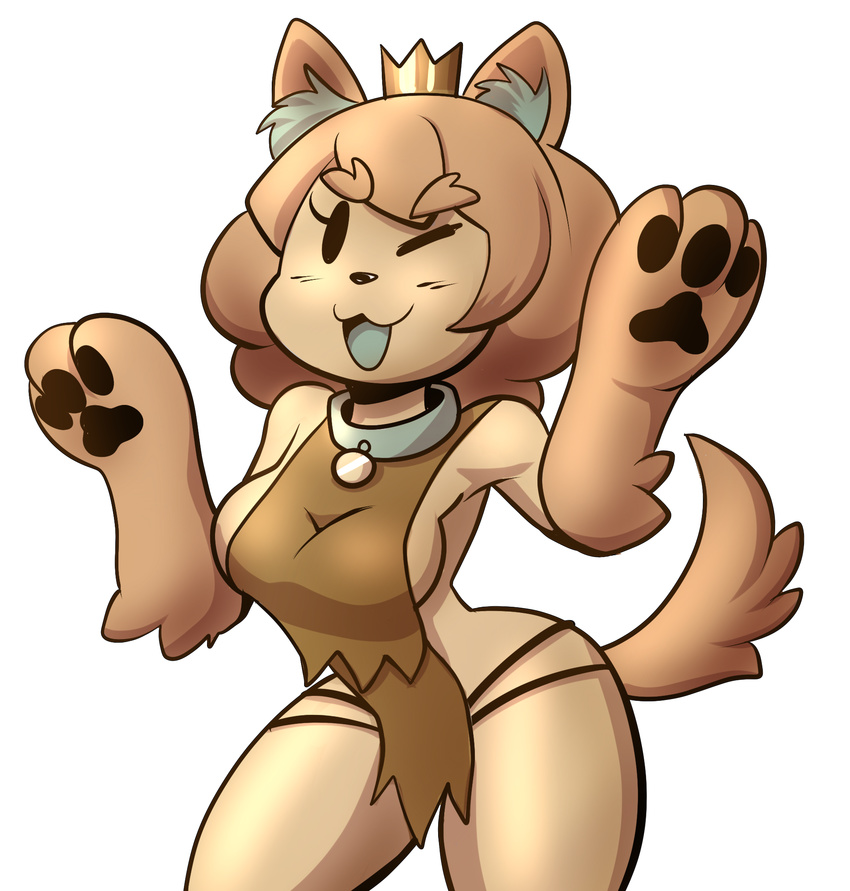 anaugi anthro big_breasts big_butt bottomless breasts brown_fur brown_hair butt canine clothed clothing collar crown cute digital_media_(artwork) dog dog_princess female fur hair hi_res looking_at_viewer mammal open_mouth pawpads paws princess royalty side_boob simple_background solo thick_thighs tongue towergirls white_background wide_hips