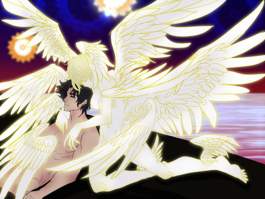 2boys abs angel_wings asuka_ryou belly black_hair blonde_hair breasts bvslime devilman devilman_crybaby duo eyebrows eyes_closed feathered_wings feathers fudou_akira head_wings large_wings multiple_boys nipples nude satan_(devilman) shirtless short_hair stomach wings