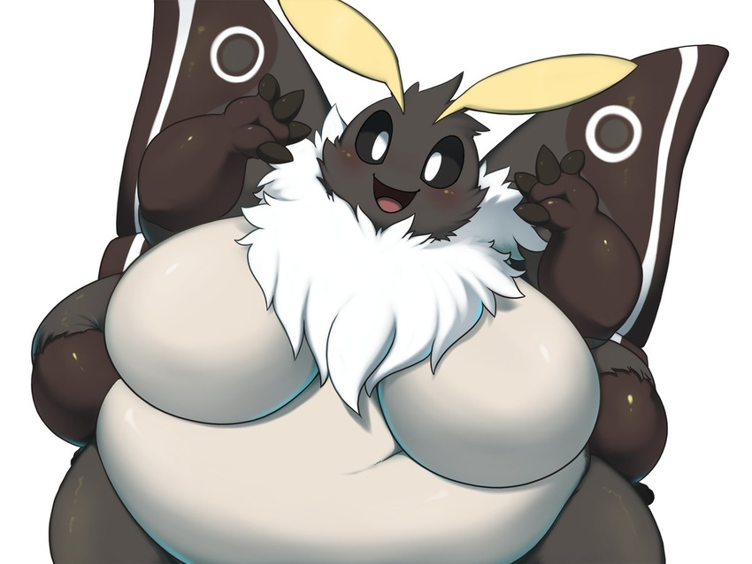 antennae anthro arthropod belly big_belly big_breasts big_butt bikini black_fur breasts butt clothing female fur insect jonasii looking_at_viewer moth multi_limb overweight overweight_female smile solo swimsuit thick_thighs waving white_belly white_fur yosioka_san
