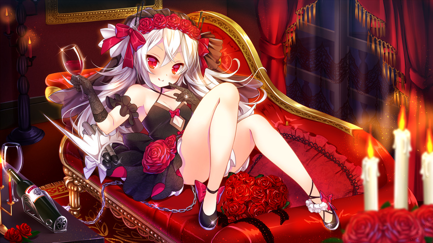 :q alcohol ankle_lace-up azur_lane bangs bare_shoulders black_dress black_footwear black_gloves blush bottle bouquet bow breasts candle candlelight candlestand chain closed_mouth commentary_request couch criss-cross_halter cross-laced_footwear cup dress drinking_glass elbow_gloves eyebrows_visible_through_hair flower frilled_pillow frills glint gloves hair_between_eyes hair_bow hair_flower hair_ornament halterneck head_tilt holding holding_cup indoors jewelry koyama_sao lace lace_gloves long_hair looking_at_viewer low_wings pillow red_bow red_eyes red_pillow red_ribbon ribbon ring see-through short_dress sidelocks silver_hair small_breasts smile solo tongue tongue_out v-shaped_eyebrows vampire_(azur_lane) veil very_long_hair wedding_band white_wings window wine wine_bottle wine_glass wings