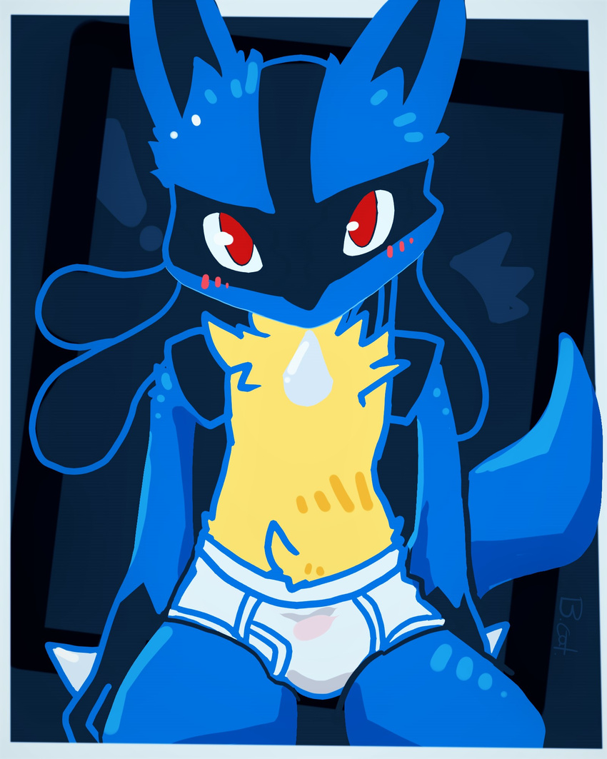 2018 anthro blue_fur blush briefs bulge canine clothing digital_media_(artwork) fur hi_res looking_at_viewer lucario male mammal nintendo pok&eacute;mon pok&eacute;mon_(species) red_eyes simple_background solo tan_fur tighty_whities twbcat underwear video_games white_underwear