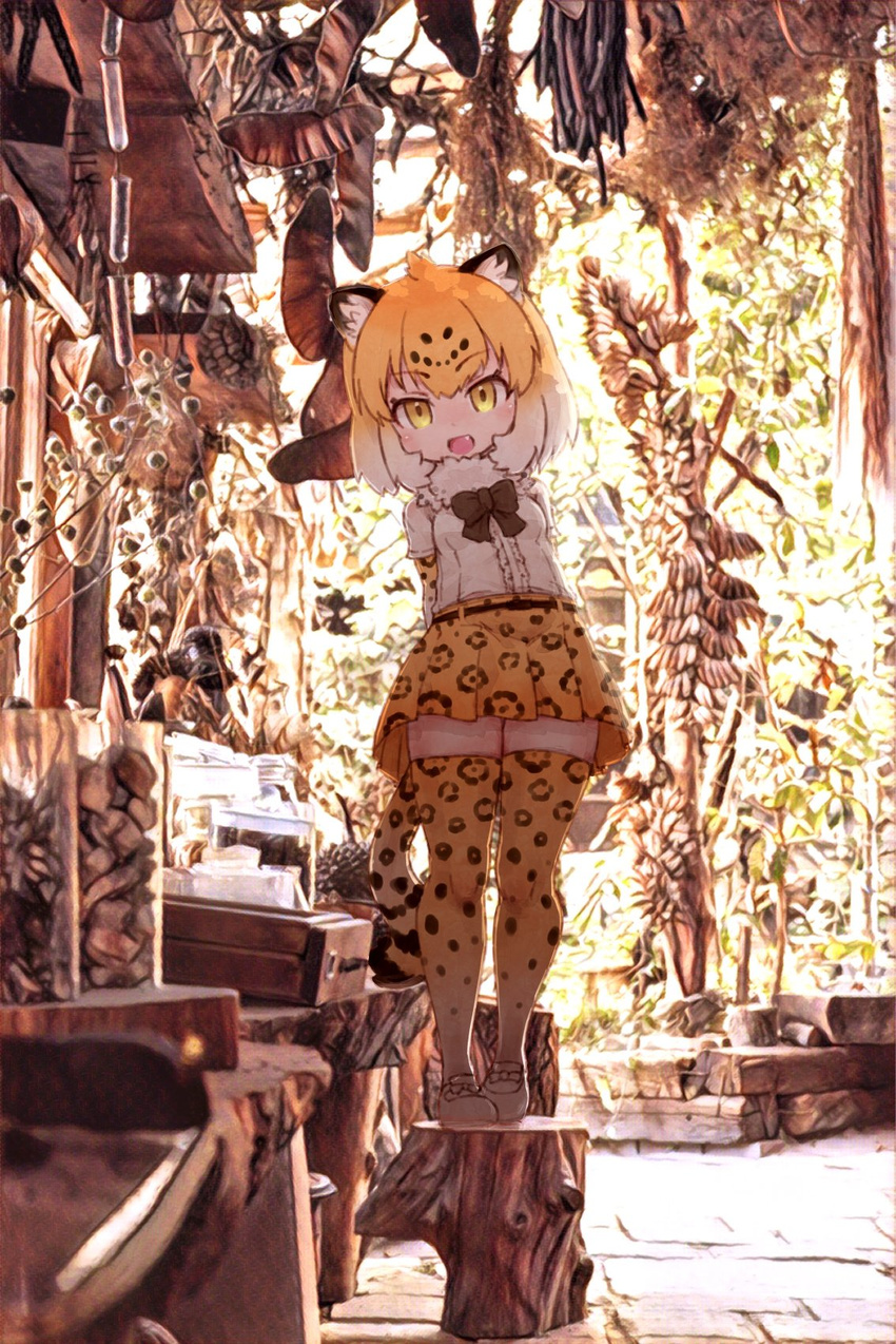 animal_ears arms_behind_back blonde_hair blush bow bowtie commentary_request eyebrows_visible_through_hair fang fence full_body fur_trim gradient_hair half-closed_eyes highres jaguar_(kemono_friends) jaguar_ears jaguar_print kemono_friends kolshica multicolored_hair open_mouth outdoors pleated_skirt short_hair short_sleeves skirt smile solo standing thighhighs two-tone_hair white_hair wood yellow_eyes zettai_ryouiki
