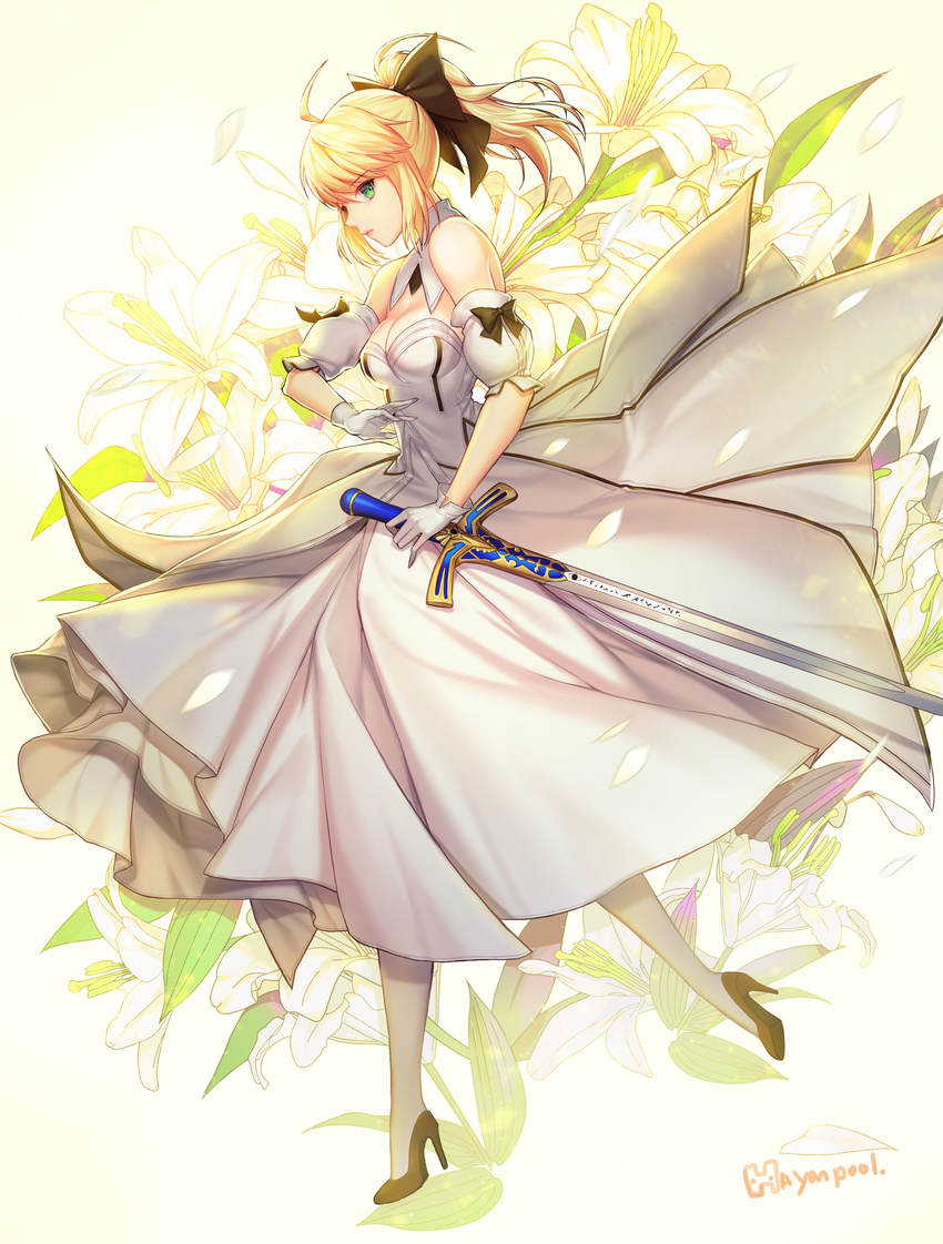 absurdres ahoge arm_strap artoria_pendragon_(all) black_bow black_footwear blonde_hair bow breasts choker cleavage dress excalibur eyebrows_visible_through_hair fate/unlimited_codes fate_(series) flower from_side full_body gloves green_eyes hair_between_eyes hair_bow hayanpool high_heels high_ponytail highres holding holding_sword holding_weapon long_dress long_hair looking_at_viewer medium_breasts petals saber_lily sidelocks signature sleeveless sleeveless_dress solo standing strapless strapless_dress sword weapon white_background white_dress white_flower white_gloves
