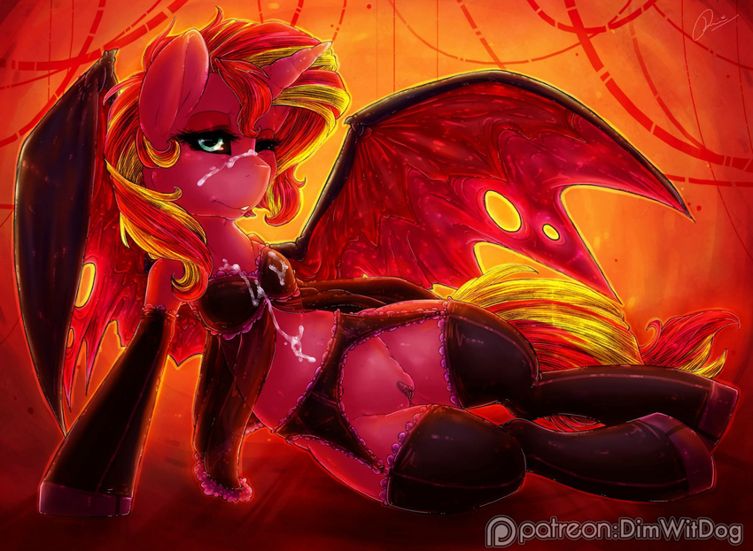 2016 bra clothed clothed_feral clothing cum cum_on_face demon digital_media_(artwork) dimwitdog equestria_girls equine female feral garter_belt garter_straps hair horn legwear lingerie long_hair mammal membranous_wings multicolored_hair my_little_pony one_eye_closed patreon pussy solo stockings sunset_shimmer_(eg) translucent transparent_clothing two_tone_hair underwear unicorn wings