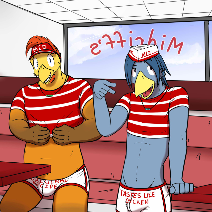 avian bird bluebird bulge chicken clothing duo english_text fast_food fuze hat inside jewelry johnnie_(fuze) josh_oliver male necklace restaurant striped_shirt swimming_trunks swimsuit text white_hat white_pants