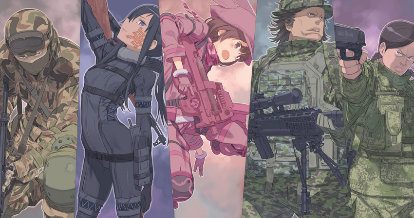 3girls ak-47 animal_ears assault_rifle battle_rifle bipod bullpup camouflage camouflage_hat column_lineup elbow_pads facial_tattoo fake_animal_ears fn_fal fur_trim gloves goggles goggles_on_head gun handgun hat helmet highres knee_pads kuroboshi_kouhaku llenn_(sao) load_bearing_vest long_hair m14 m_(sao) military military_uniform multiple_boys multiple_girls neckerchief one_knee p90 pistol pitohui_(sao) rifle short_hair skin_tight sling sniper_rifle submachine_gun sword_art_online sword_art_online_alternative:_gun_gale_online tattoo uniform weapon