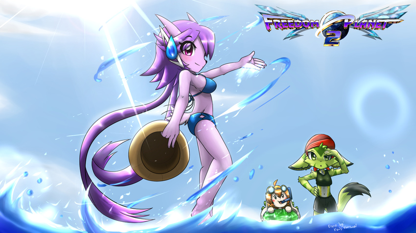 anthro basset_hound canine carol_tea clothing dog dragon feline female freedom_planet freedom_planet_2 fur green_eyes green_fur hair kenjikanzaki05 long_hair looking_at_viewer mammal milla_basset purple_eyes purple_hair sash_lilac signature swimsuit video_games water wildcat