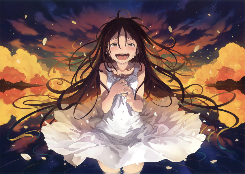 :d absurdres blush brown_eyes brown_hair clothes_grab cloud collarbone crying crying_with_eyes_open dress dress_grab eyebrows_visible_through_hair furrowed_eyebrows highres long_hair looking_at_viewer morino_hon open_mouth original petals ripples scan sky sleeveless sleeveless_dress smile solo standing sunrise sunset tears very_long_hair wading water white_dress