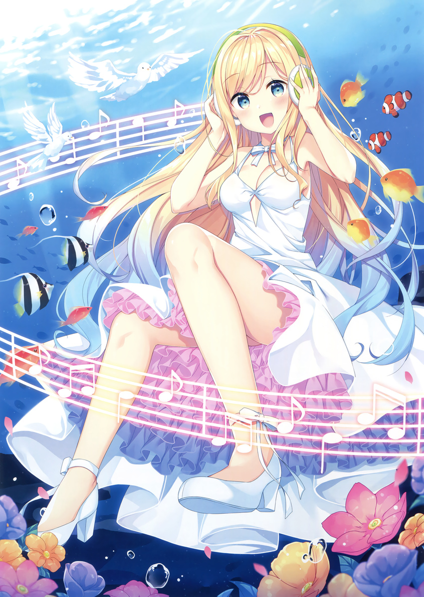 :d absurdres air_bubble angelfish beamed_sixteenth_notes bekotarou bird blonde_hair blue_eyes blue_hair blush breasts bubble clownfish collarbone dress eighth_note eyebrows_visible_through_hair flower full_body head_tilt headphones highres long_hair looking_at_viewer medium_breasts multicolored_hair musical_note open_mouth original petals quarter_note scan sitting sleeveless sleeveless_dress smile solo sunlight very_long_hair water white_dress