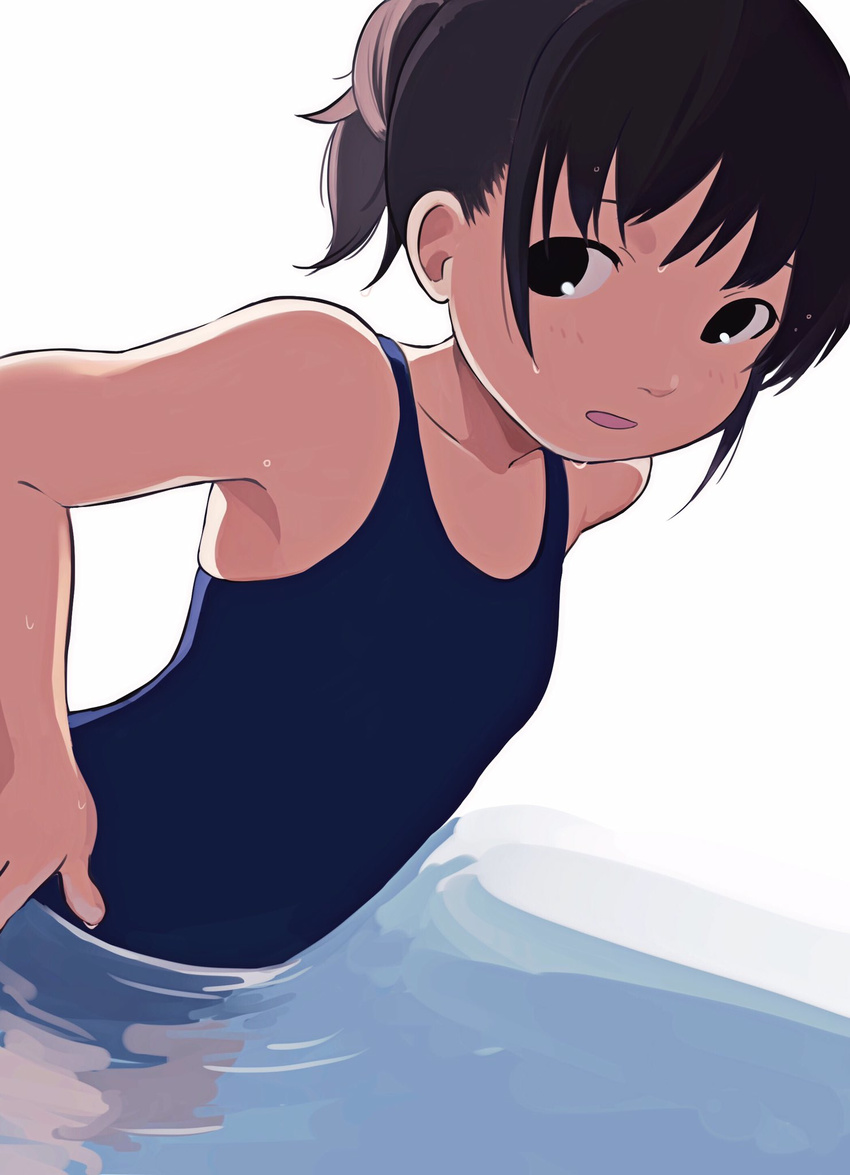 1girl female kaijarisuigyo looking_at_viewer one-piece_swimsuit open_mouth original partially_submerged side_glance simple_background solo swimsuit wet white_background