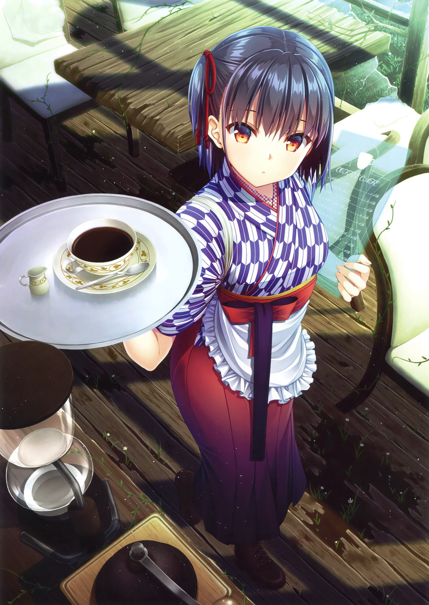 absurdres apron arm_up asami_asami bangs black_hair coffee_grinder cup eyebrows_visible_through_hair hair_between_eyes highres japanese_clothes looking_at_viewer non-web_source original saucer scan shadow short_hair solo spoon table tied_hair tray waitress white_apron window wooden_floor wooden_table yellow_eyes