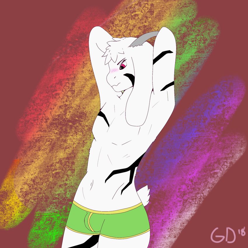 anthro asriel_dreemurr blush boss_monster bulge caprine clothing fur generaldegeneracy goat god_of_hyperdeath hi_res horn long_ears male mammal simple_background solo undertale underwear video_games white_fur young