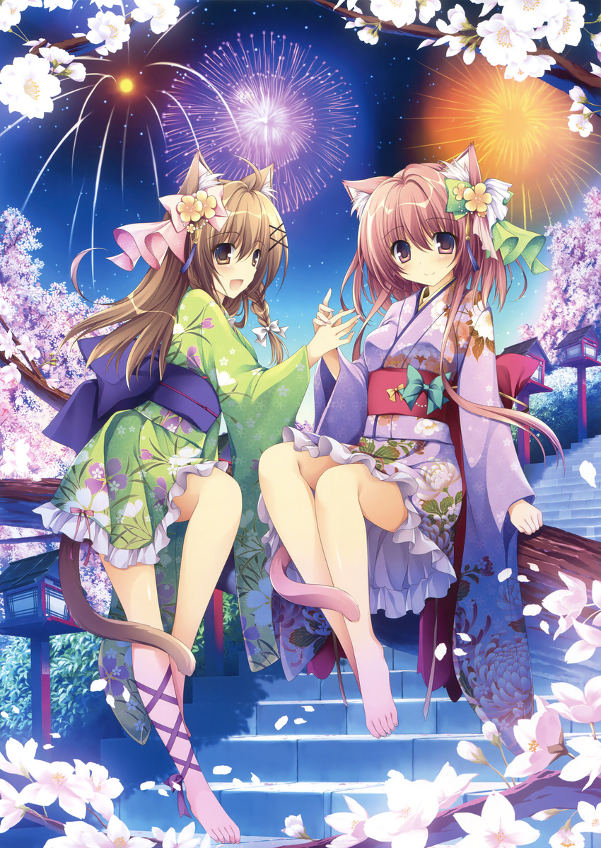 :d absurdres animal_ears barefoot braid brown_eyes brown_hair cat_ears cat_tail eyebrows_visible_through_hair fireworks floating_hair floral_print flower green_kimono hair_between_eyes hair_flower hair_ornament hair_ribbon hakama highres japanese_clothes kimono leg_ribbon long_hair looking_at_viewer multiple_girls nanaroba_hana night obi open_mouth original outdoors purple_hakama purple_kimono purple_ribbon ribbon sash shiny shiny_skin sidelocks sitting sky smile star_(sky) starry_sky tail very_long_hair white_flower white_ribbon yellow_flower