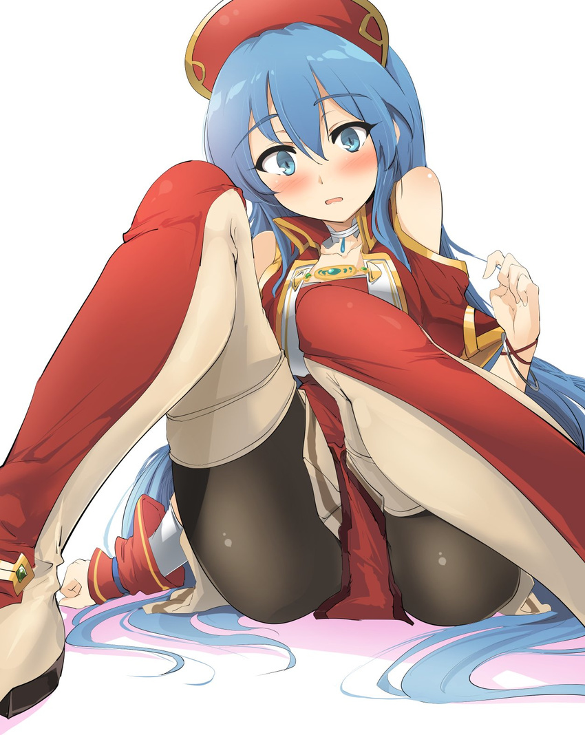 ass black_legwear blue_eyes blue_hair blush commentary_request dress eyebrows_visible_through_hair fire_emblem fire_emblem:_fuuin_no_tsurugi hat highres lilina long_hair momio open_mouth pantyhose solo white_background