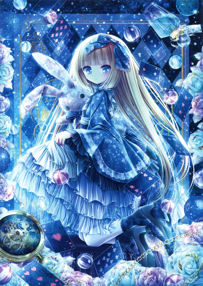 :o absurdres ace_of_hearts argyle argyle_background blonde_hair blue_eyes blue_footwear blue_kimono blue_skirt blush boots card diamond_(shape) drink_me fingernails floral_print flower from_side heart high_heel_boots high_heels highres huge_filesize japanese_clothes kimono layered_skirt lolita_fashion long_hair long_sleeves looking_at_viewer looking_to_the_side object_hug original pantyhose parted_lips pink_flower pink_rose playing_card pocket_watch print_kimono roman_numerals rose skirt skirt_hold solo spade_(shape) stuffed_animal stuffed_bunny stuffed_toy tinker_bell very_long_hair watch white_flower white_legwear white_rose wide_sleeves