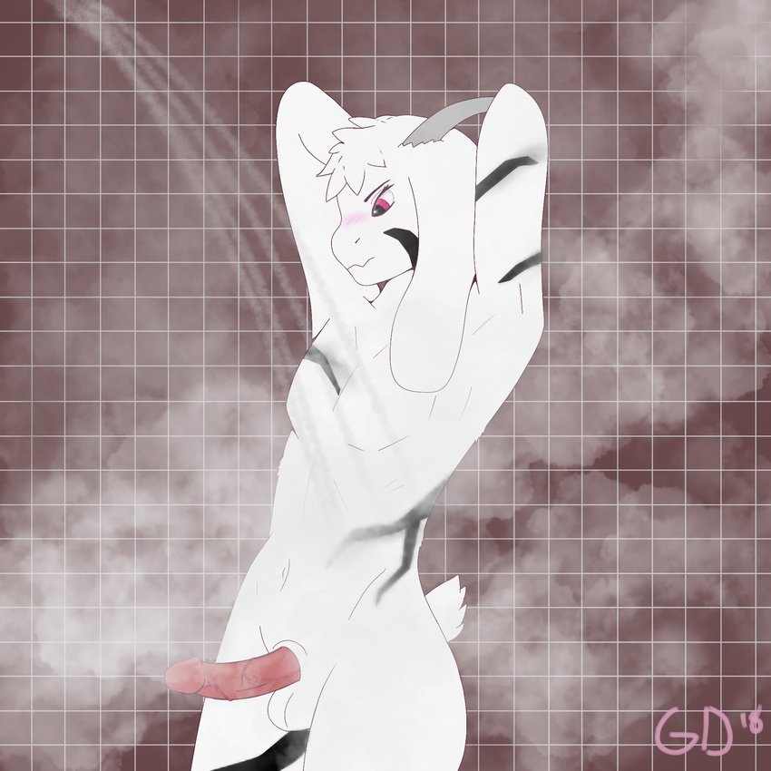 anthro asriel_dreemurr balls blush boss_monster caprine fur generaldegeneracy goat god_of_hyperdeath hi_res horn long_ears male mammal penis shower simple_background solo undertale video_games white_fur young