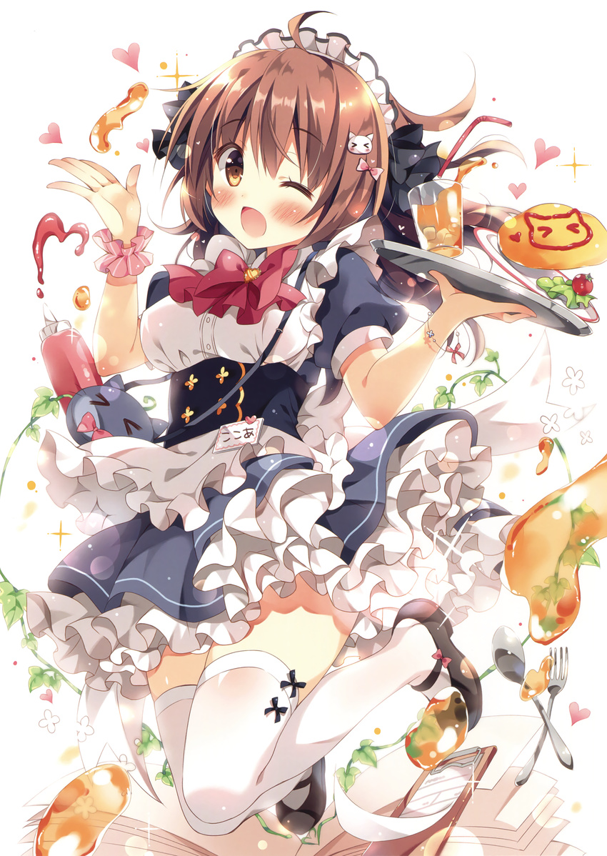 &gt;_&lt; ;d absurdres ahoge apron bendy_straw black_bow blush bow bow_legwear breasts brown_eyes brown_hair cat_bag cat_hair_ornament cherry_tomato clipboard cup double-breasted drinking_glass drinking_straw eyebrows_visible_through_hair food fork frilled_apron frills full_body gold_trim hair_between_eyes hair_bow hair_ornament heart high-waist_skirt highres holding holding_tray ice ice_cube ketchup ketchup_bottle legs_up lettuce looking_at_viewer maid_headdress medium_breasts name_tag omurice one_eye_closed open_mouth original pan_(mimi) paper petticoat plate red_bow scan shirt skirt smile solo sparkle spilling spoon squeeze_bottle thighhighs tray underbust waist_apron waitress white_apron white_background white_legwear white_shirt