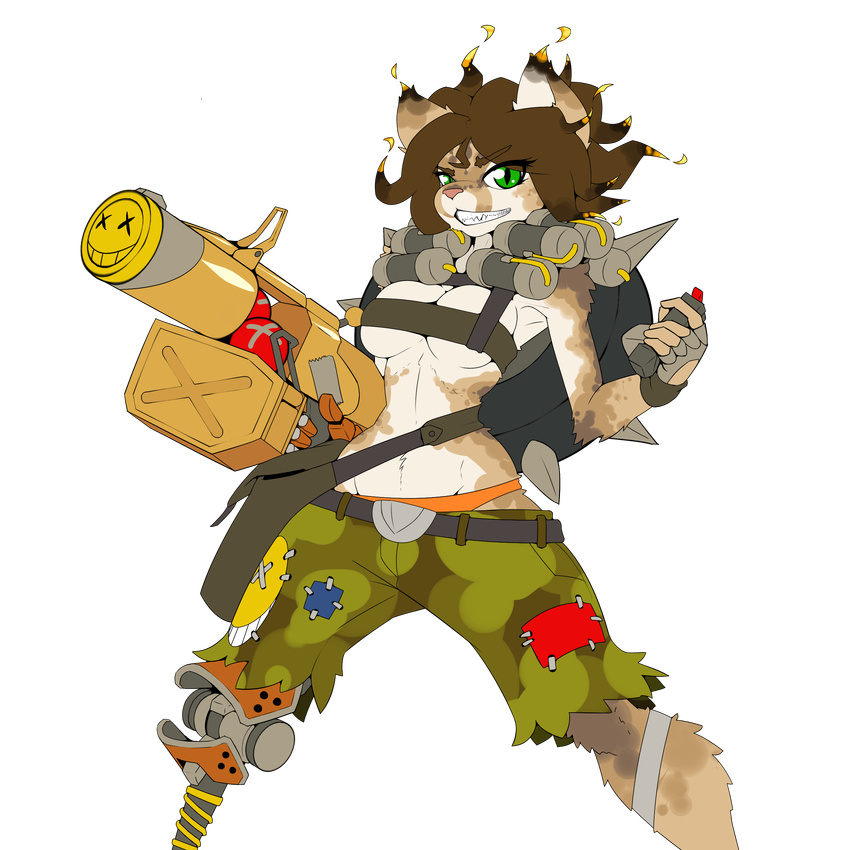 alpha_channel anthro breasts cat crossgender feline female helia_peppercats_(wrinklynewt) junkrat_(overwatch) limebreaker looking_at_viewer mammal overwatch simple_background solo transparent_background tube_top under_boob video_games weapon