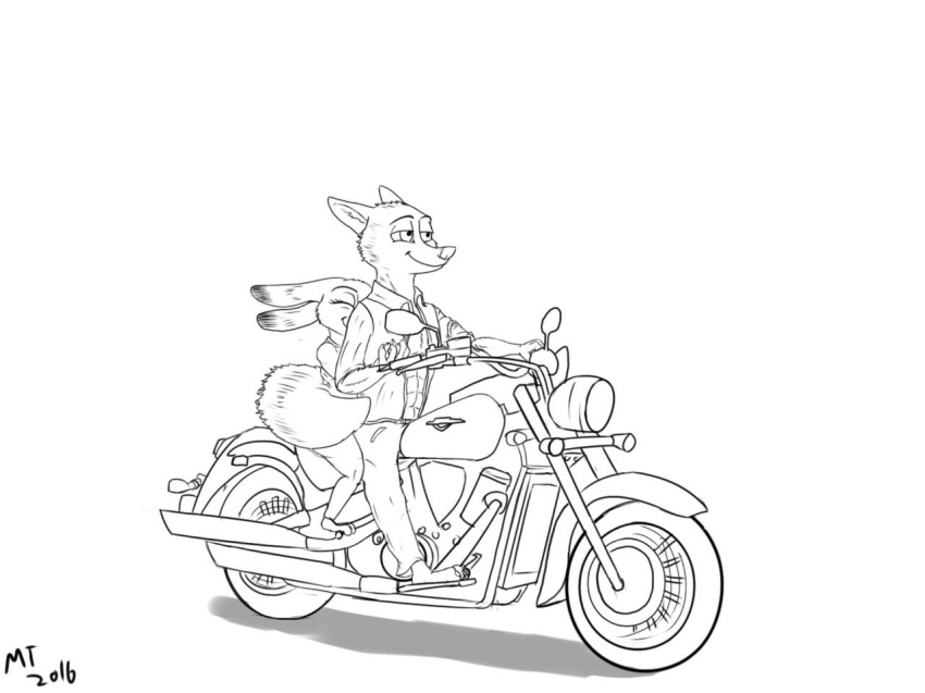 abs black_and_white brokeguy21 canine disney duo female fox judy_hopps lagomorph line_art male mammal monochrome motorcycle muscular muscular_male nick_wilde open_jacket rabbit simple_background vehicle white_background zootopia
