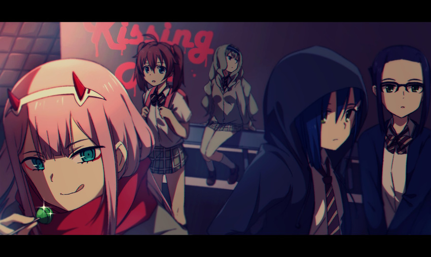 ahoge backpack bag bangs blonde_hair blue_eyes blue_hair bow bowtie brown_hair candy chromatic_aberration darling_in_the_franxx eyebrows_visible_through_hair food glasses green_eyes hair_ornament hairband hairclip highres hood hoodie horns ichigo_(darling_in_the_franxx) ikuno_(darling_in_the_franxx) kokoro_(darling_in_the_franxx) lollipop long_hair miku_(darling_in_the_franxx) minowa_sukyaru multiple_girls necktie open_mouth pink_hair school_uniform short_hair skirt smile tongue twintails uniform zero_two_(darling_in_the_franxx)