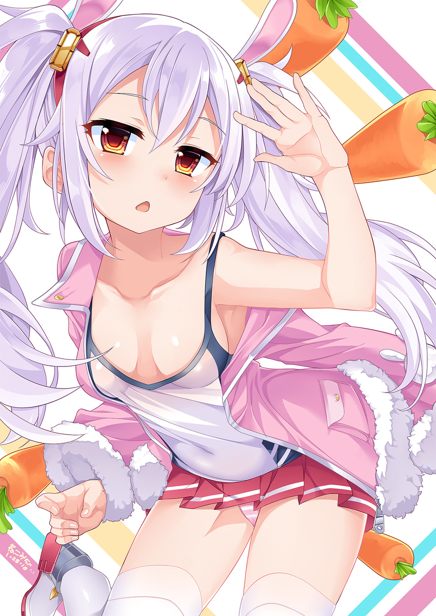animal_ears azur_lane bare_shoulders blush breasts camisole carrot cleavage collarbone covered_navel cowboy_shot fingernails hairband highres jacket laffey_(azur_lane) leaning_forward long_hair looking_at_viewer nekomicha no_bra open_mouth panties pantyshot pink_jacket pleated_skirt red_eyes silver_hair skirt solo spaghetti_strap standing striped striped_panties tareme thighhighs twintails underwear very_long_hair white_camisole white_legwear