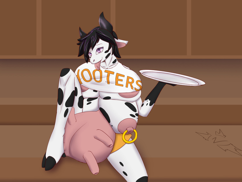 anthro big_breasts black_hair blacklight_(character) bovine breasts cattle female hair hooters krishtealpaws looking_at_viewer mammal nipple_piercing nipples piercing purple_eyes solo teats udders