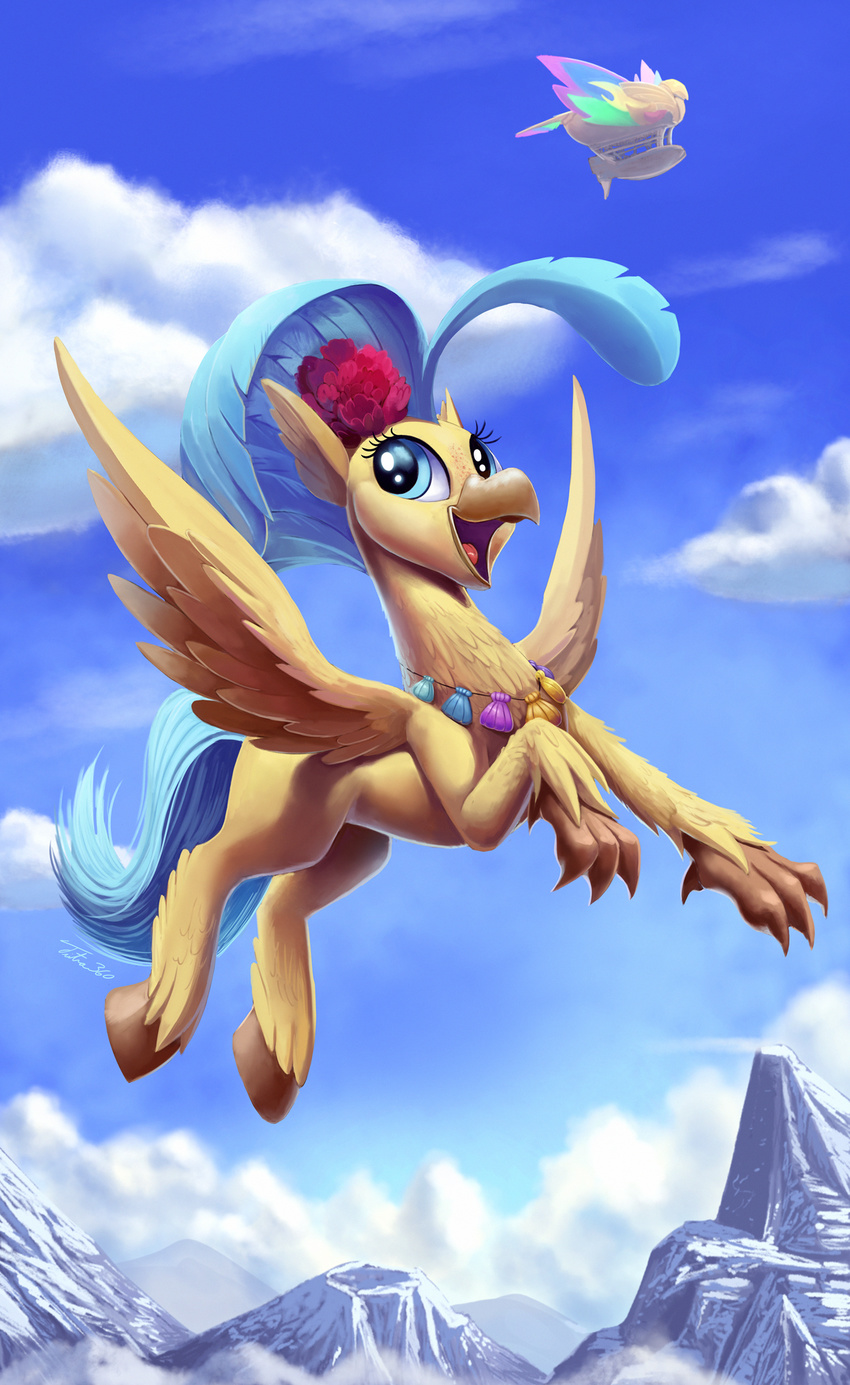 2018 absurd_res avian beak cloud digital_media_(artwork) eyelashes feathered_wings feathers female feral flying hi_res hippogryph mountain my_little_pony my_little_pony_the_movie princess_skystar_(mlp) solo tsitra360 wings