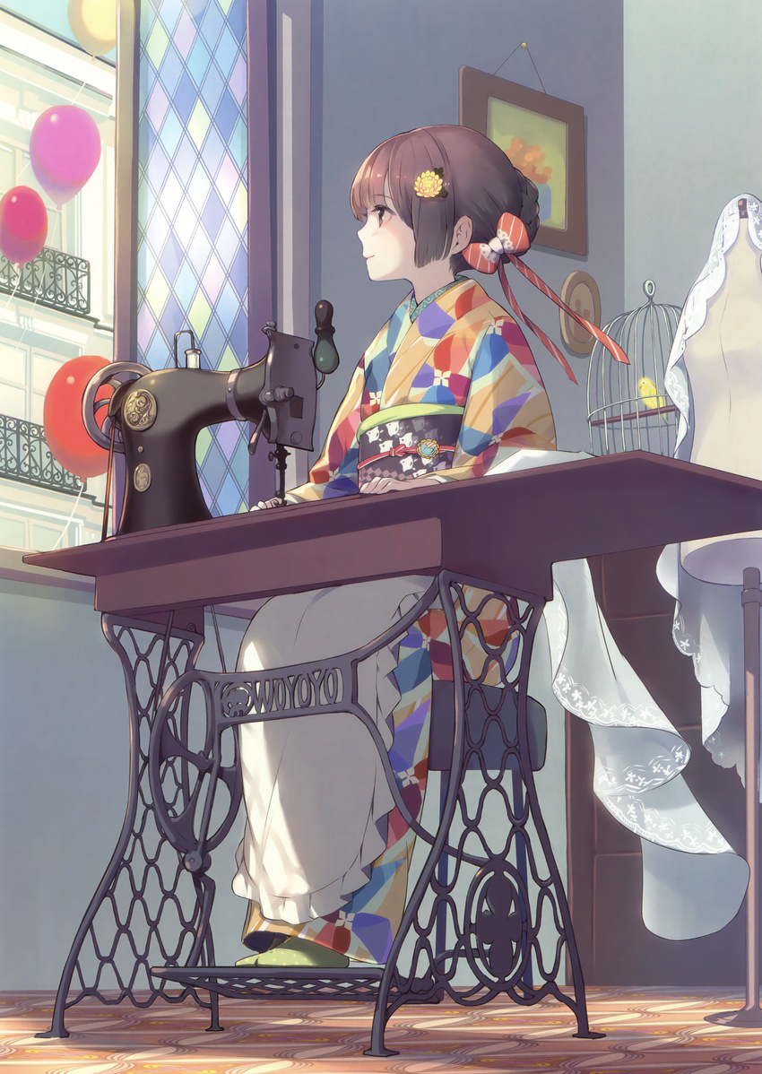 absurdres apron artist_name balloon bangs bird birdcage braided_bun brown_eyes brown_hair cage canary closed_mouth day eyebrows_visible_through_hair fabric flower from_below gin_(oyoyo) hair_flower hair_ornament hair_ribbon highres indoors ironwork japanese_clothes kimono looking_afar looking_out_window looking_to_the_side mannequin multicolored multicolored_clothes multicolored_kimono no_shoes obi open_window original painting_(object) portrait_(object) profile ribbon sash sewing_machine sitting smile solo stool tabi waist_apron window