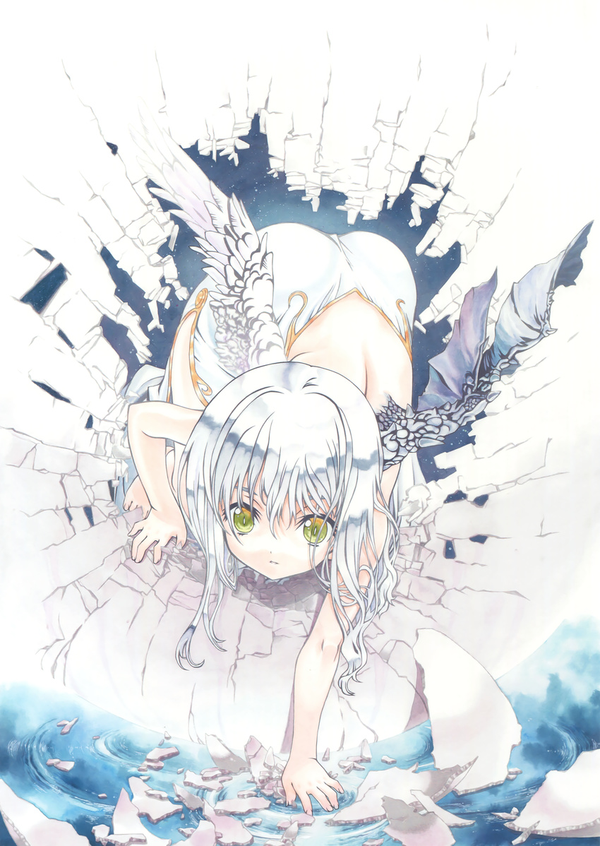 absurdres ass backless_dress backless_outfit bangs bare_arms barefoot cracked demon_wings dress feathered_wings fingernails green_eyes grey_wings hair_between_eyes highres mismatched_wings original parted_lips silver_hair solo toenail_polish utatane_hiroyuki water white_dress white_wings wings
