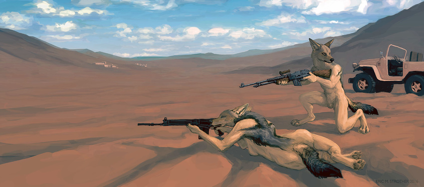 aiming animal_genitalia anthro balls black_nose breasts canine cloud day desert digitigrade duo ears_back everruler female fn_d fn_fal gun holding_object holding_weapon inner_ear_fluff jackal jeep kneeling looking_back lying male mammal nipples nude on_front one_eye_closed outside pawpads ranged_weapon rifle sheath side_boob sky weapon