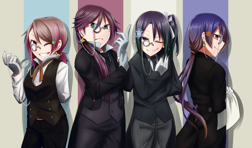 adjusting_clothes adjusting_gloves blue_eyes blue_hair closed_mouth commentary_request cowboy_shot earrings eyebrows_visible_through_hair formal gloves green_eyes grey_hair hair_between_eyes hair_ornament hairclip highres jewelry kazuno_sarah long_hair love_live! love_live!_school_idol_project love_live!_sunshine!! mole mole_under_eye monocle multiple_girls necktie one_eye_closed one_side_up open_mouth pocket_watch ponytail purple_eyes purple_hair short_hair smile sonoda_umi striped striped_background suit tetetsu_(yuns4877) toudou_erena watanabe_you watch yellow_eyes