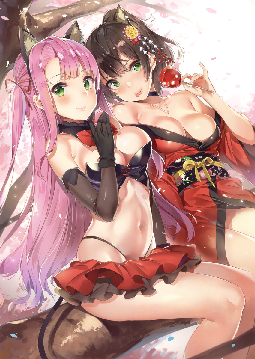 :p absurdres animal_ears bangs bare_shoulders black_gloves black_hair breasts bustier candy_apple cat_ears cherry_blossoms choker cleavage closed_mouth detached_collar dutch_angle fake_animal_ears food gloves green_eyes hair_ornament hair_ribbon hairband highleg highleg_panties highres japanese_clothes jewelry large_breasts long_hair looking_at_viewer microskirt midriff multiple_girls navel necklace no_panties obi off_shoulder one_side_up original outdoors panties parted_bangs petals pink_hair pinky_out ribbon sash scan side_ponytail sitting skirt smile string_panties tail tongue tongue_out underwear yuran