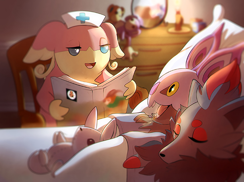 audino blue_eyes book candle drawfag gen_2_pokemon gen_5_pokemon gen_6_pokemon glasses gogoat indoors no_humans noibat on_bed open_book open_mouth pillow pokemon pokemon_(creature) reading sitting stuffed_animal stuffed_toy teddiursa yellow_eyes zorua