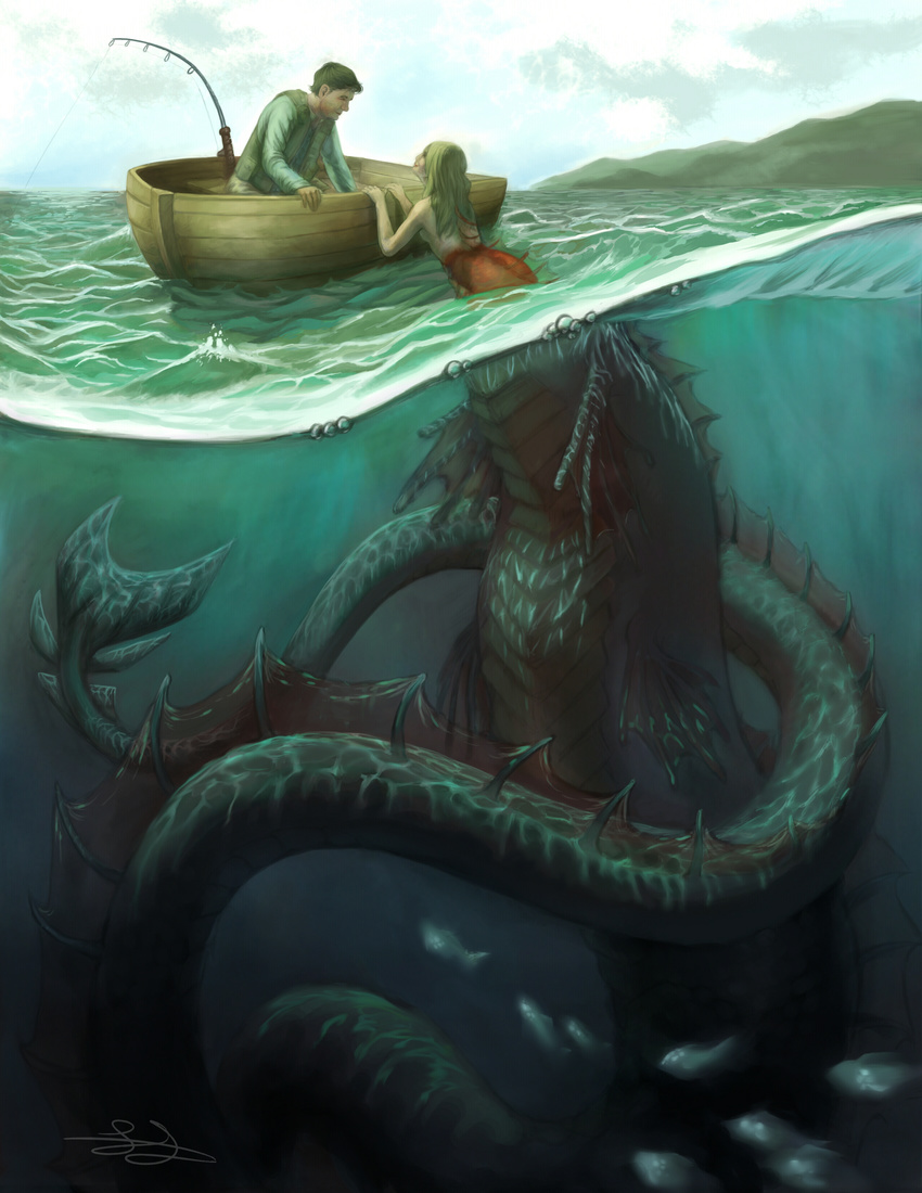 boat clothed clothing day detailed_background duo female fishing_rod hair hi_res human lure male mammal marine merfolk mimic monster_girl_(genre) nude outside partially_submerged reedflower sea_monster spines vehicle water