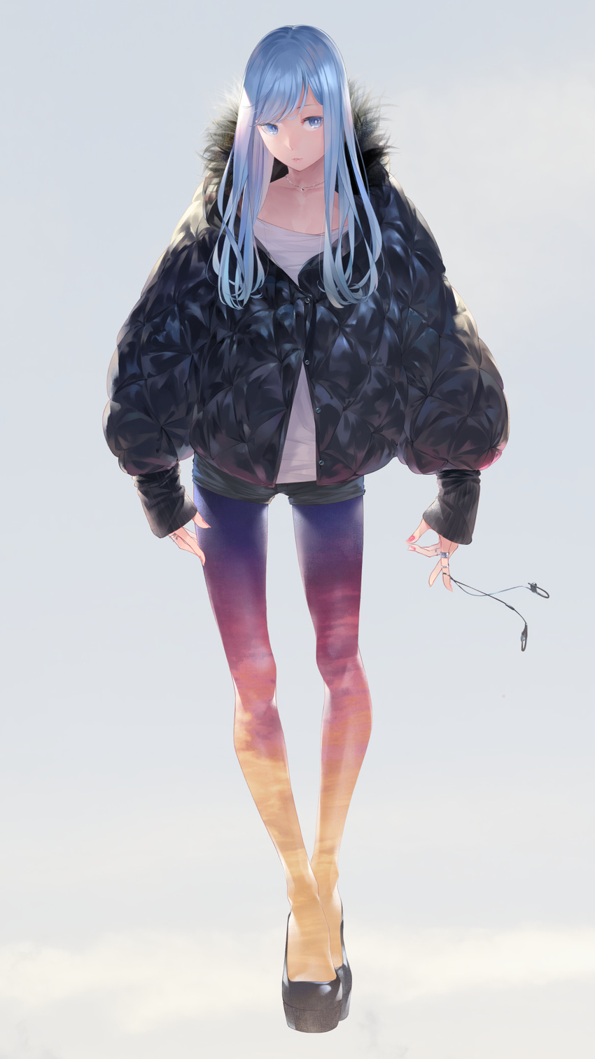 aqua_hair coat collarbone commentary_request fur_collar grey_background highres jewelry md5_mismatch medium_hair multicolored multicolored_clothes multicolored_legwear nail_polish necklace original ring simple_background solo sousou_(sousouworks) sunset