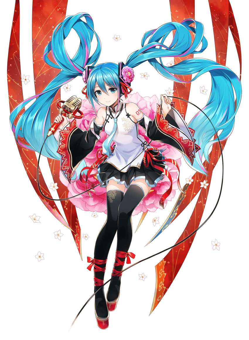 1girl absurdres aqua_eyes aqua_hair armpits artist_request bangs bare_shoulders black_skirt blush chinese_clothes collared_dress dress flower hair_flower hair_ornament hair_ribbon hatsune_miku hatsune_miku_expo headset highres holding holding_cable holding_microphone leg_ribbon long_hair looking_at_viewer microdress microphone multicolored_hair necktie official_art pink_hair ribbon side_slit sidelocks skirt smile solo streaked_hair thighhighs transparent twintails very_long_hair vocaloid white_lily zettai_ryouiki