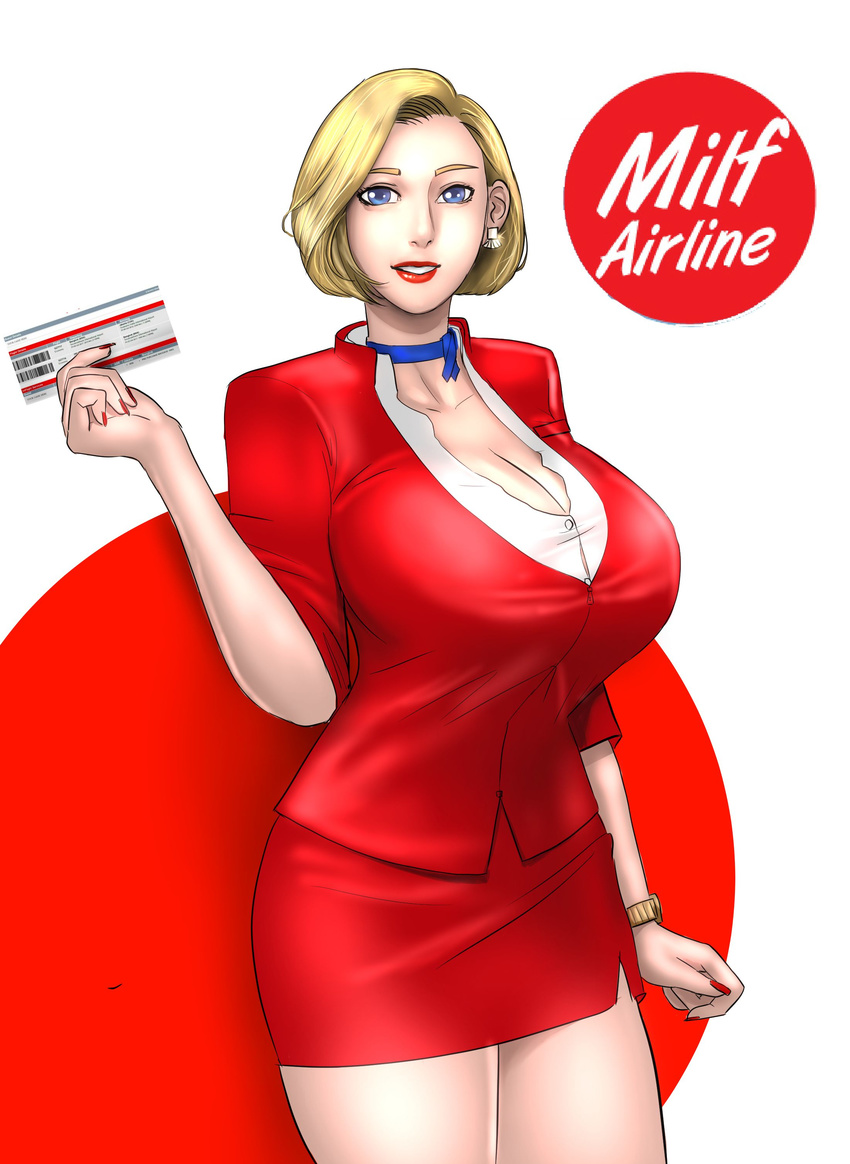 absurdres blonde_hair blue_eyes breasts choker cleavage earrings flight_attendant formal highres huge_breasts jewelry mature nail_polish original pencil_skirt red_lips red_nails scarlett_ann short_hair skirt suit ticket watch wristwatch