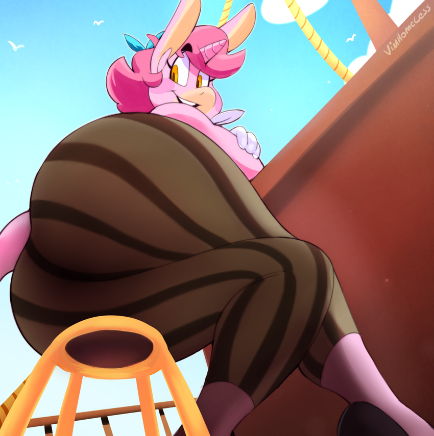 2018 absurd_res anthro big_butt boon_(vimhomeless) butt clothed clothing equine eyelashes girly hi_res horn huge_butt looking_down low-angle_view male mammal pirate sitting smile thick_thighs unicorn vimhomeless wide_hips worm's-eye_view
